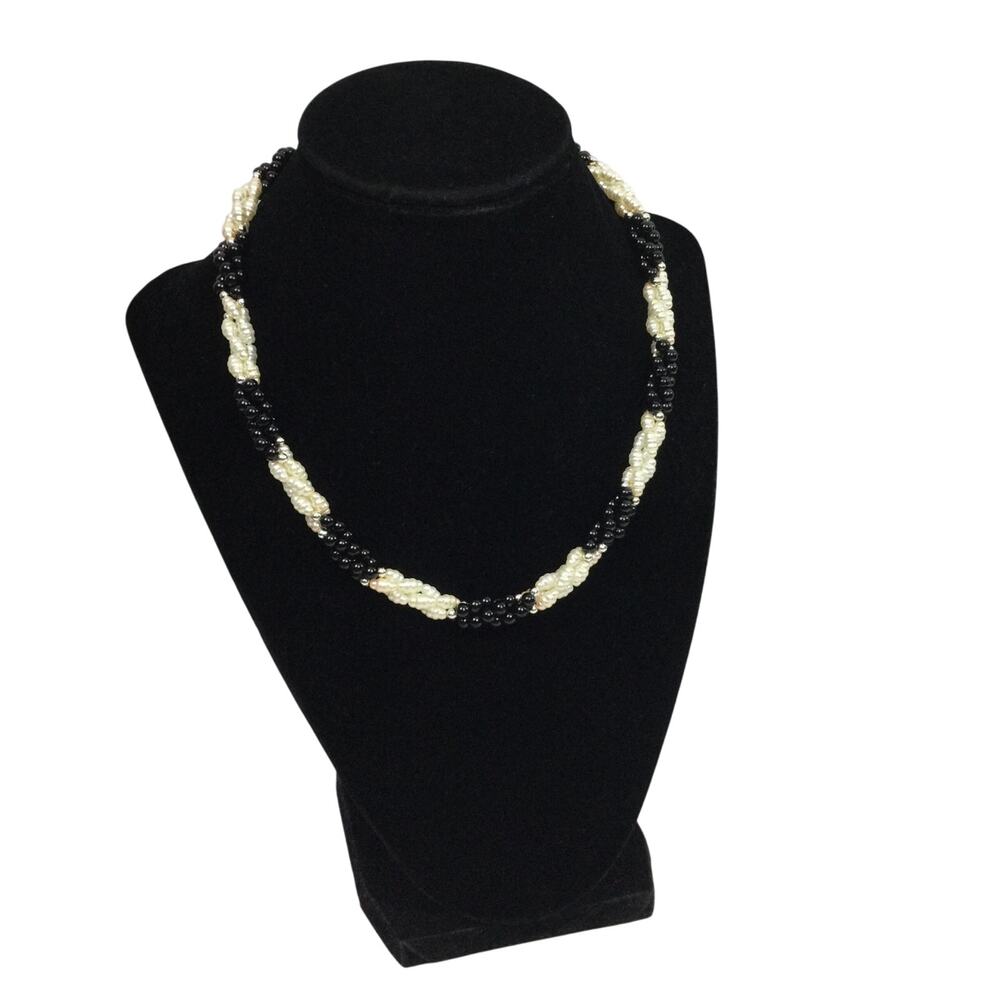 VTG Rice Water Pearl Black Beads Twist Lobster Clasp Necklace Fashion Jewelry